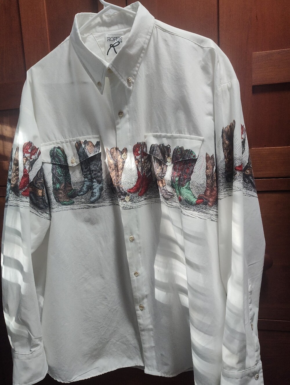 Roper White Button-Down Shirt with Multicolor Boot Print